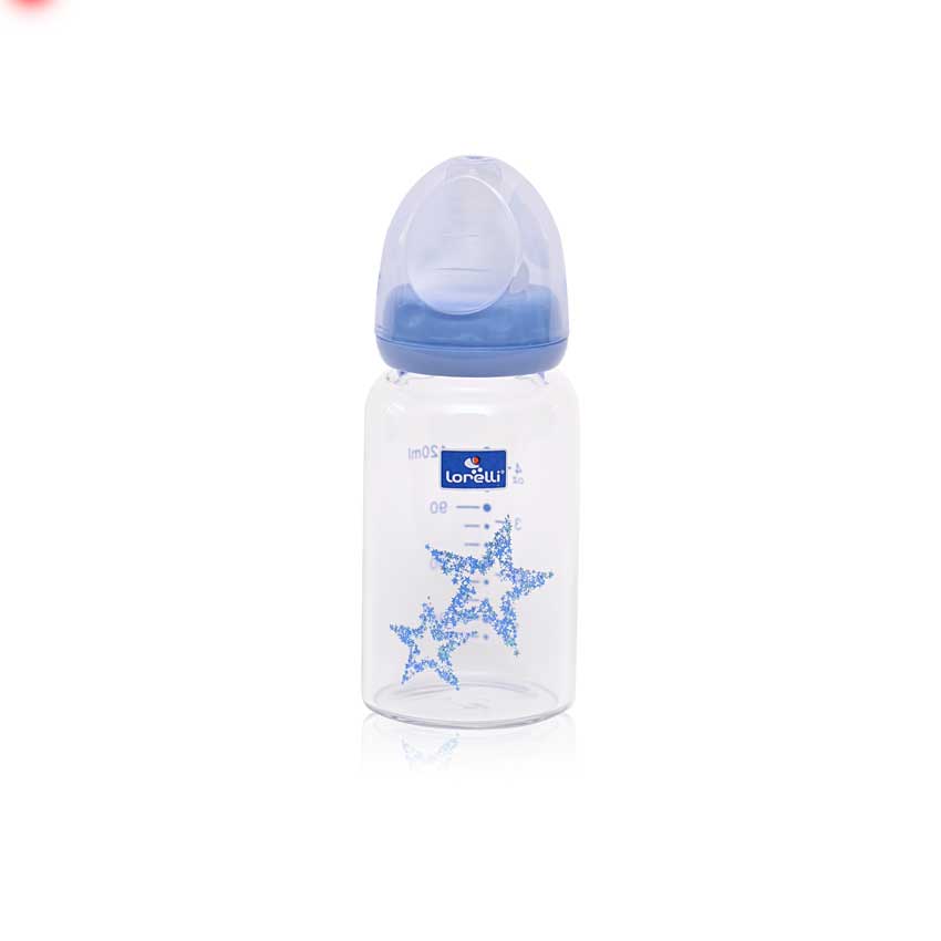 Γυάλινο μπιμπερό με θηλή σιλικόνης Lorelli (Anti-colic) 120ml Blue stars