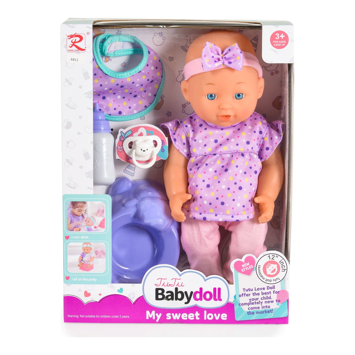 Κούκλα 31εκ με Γιογιό και Πιπίλα Moni Toys Purple 6811