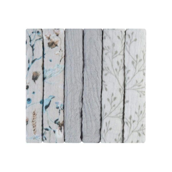 Λαβέτες Mουσελίνας 6τμχ 30x30εκ Kikka Boo Dreamy Fields Grey