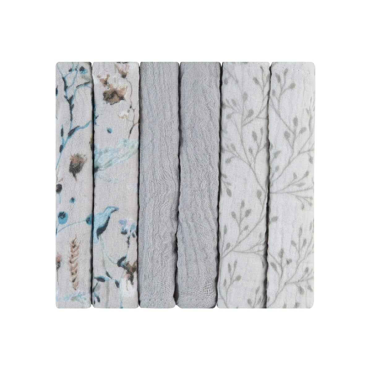 Λαβέτες Mουσελίνας 6τμχ 30x30εκ Kikka Boo Dreamy Fields Grey