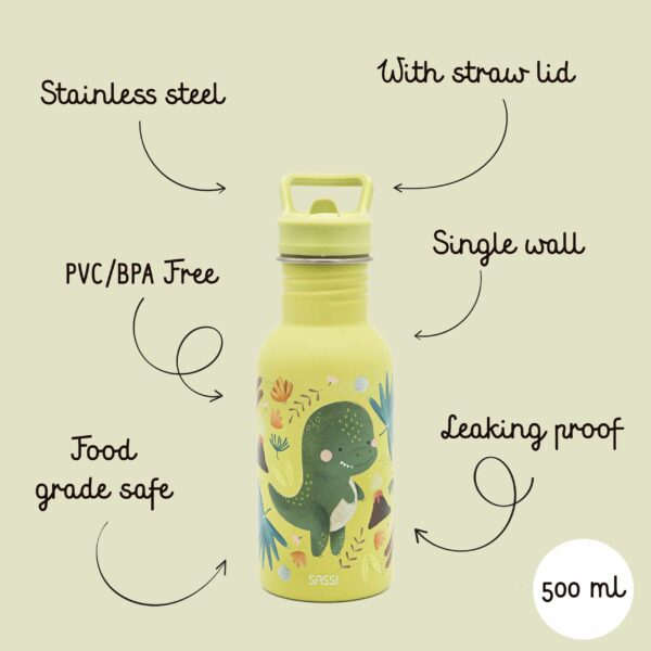 Ανοξείδωτο μπουκάλι με καλαμάκι 500ml Sassi Cracky The Dinosaur