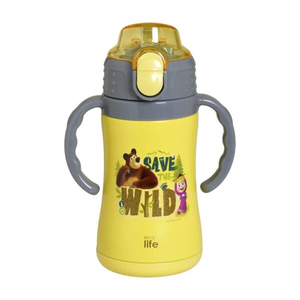 Ανοξείδωτο Παγούρι Θερμός με Καλαμάκι 300ml Ecolife Kids Thermos Masha Save The Wild Yellow