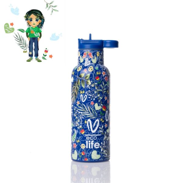 Ανοξείδωτο Παγούρι Θερμός με Καλαμάκι 500ml Ecolife X Vasiliki Blue