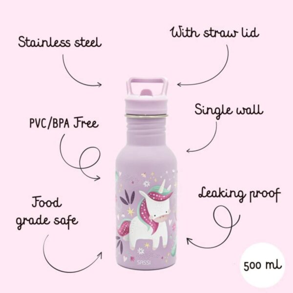 Ανοξείδωτο μπουκάλι με καλαμάκι 500ml Sassi Sparkly the Unicorn
