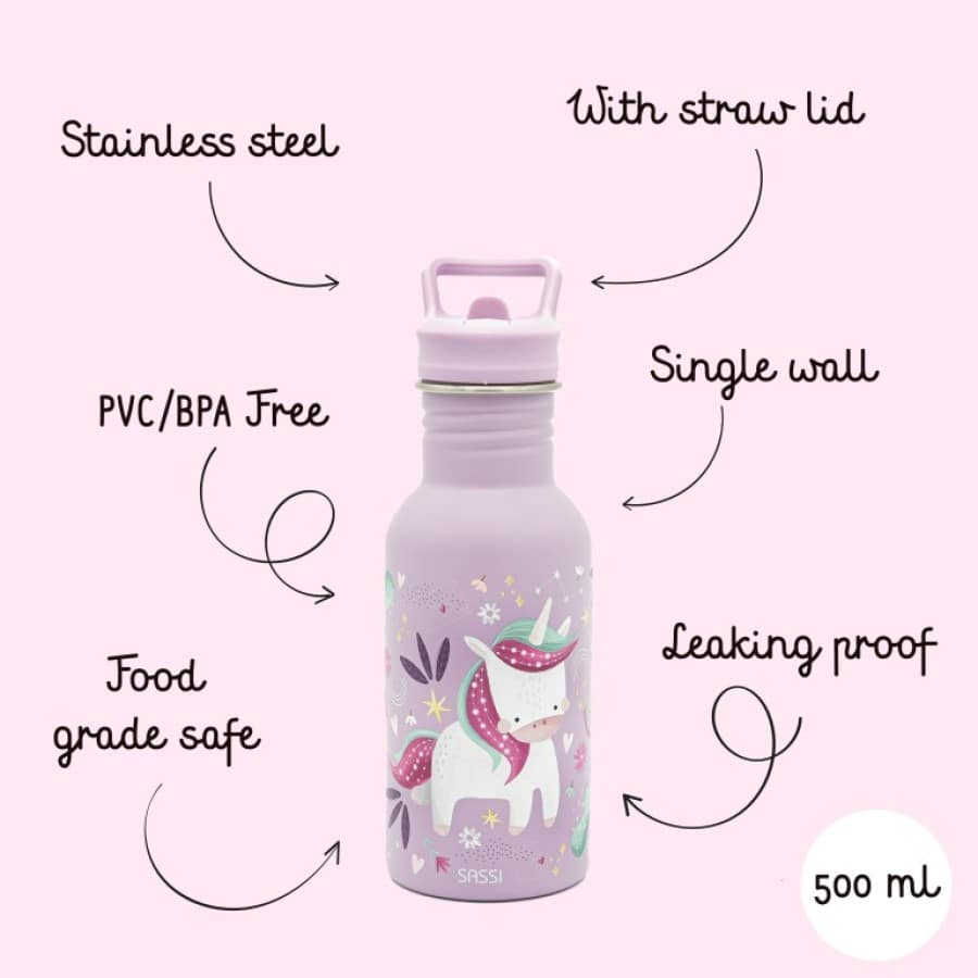 Ανοξείδωτο μπουκάλι με καλαμάκι 500ml Sassi Sparkly the Unicorn