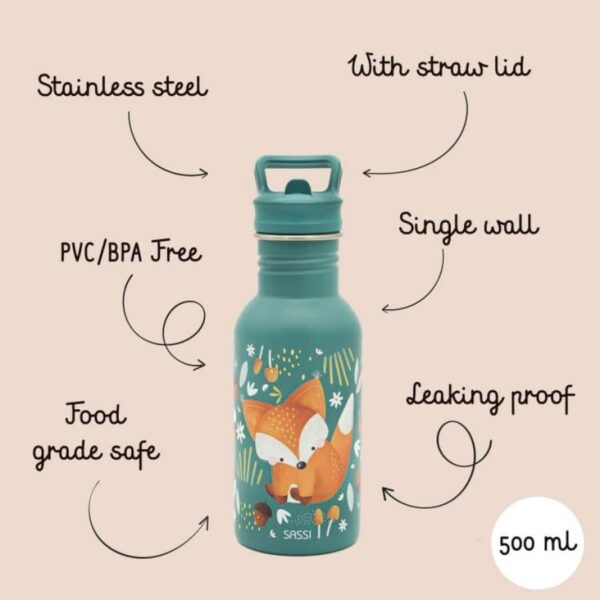 Ανοξείδωτο μπουκάλι με καλαμάκι 500ml Sassi Crunchy the Fox