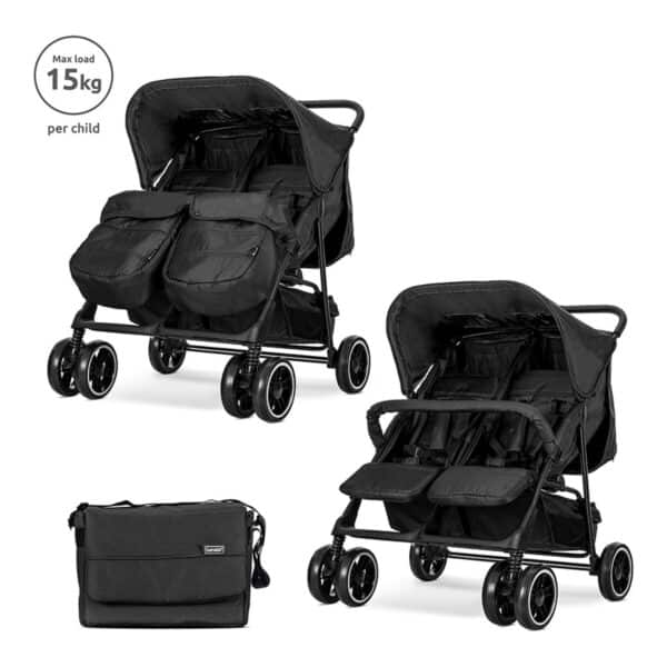 Καρότσι Διδύμων Με Ποδόσακους Και Τσάντα Lorelli Twin Black