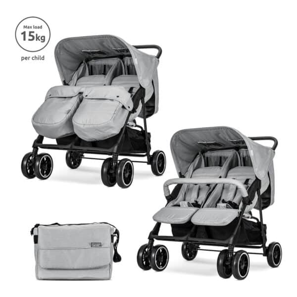 Καρότσι Διδύμων Με Ποδόσακους Και Τσάντα Lorelli Twin Grey