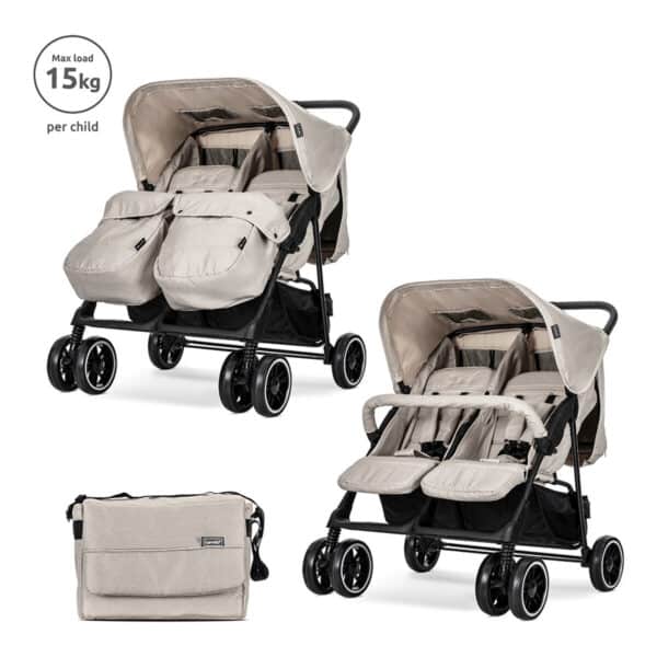 Καρότσι Διδύμων Με Ποδόσακους Και Τσάντα Lorelli Twin Beige